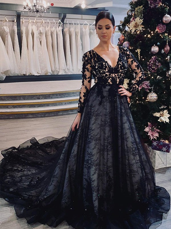 Wholesale A-Line/Princess Lace Applique V-neck Long Sleeves Court Train Wedding Dresses